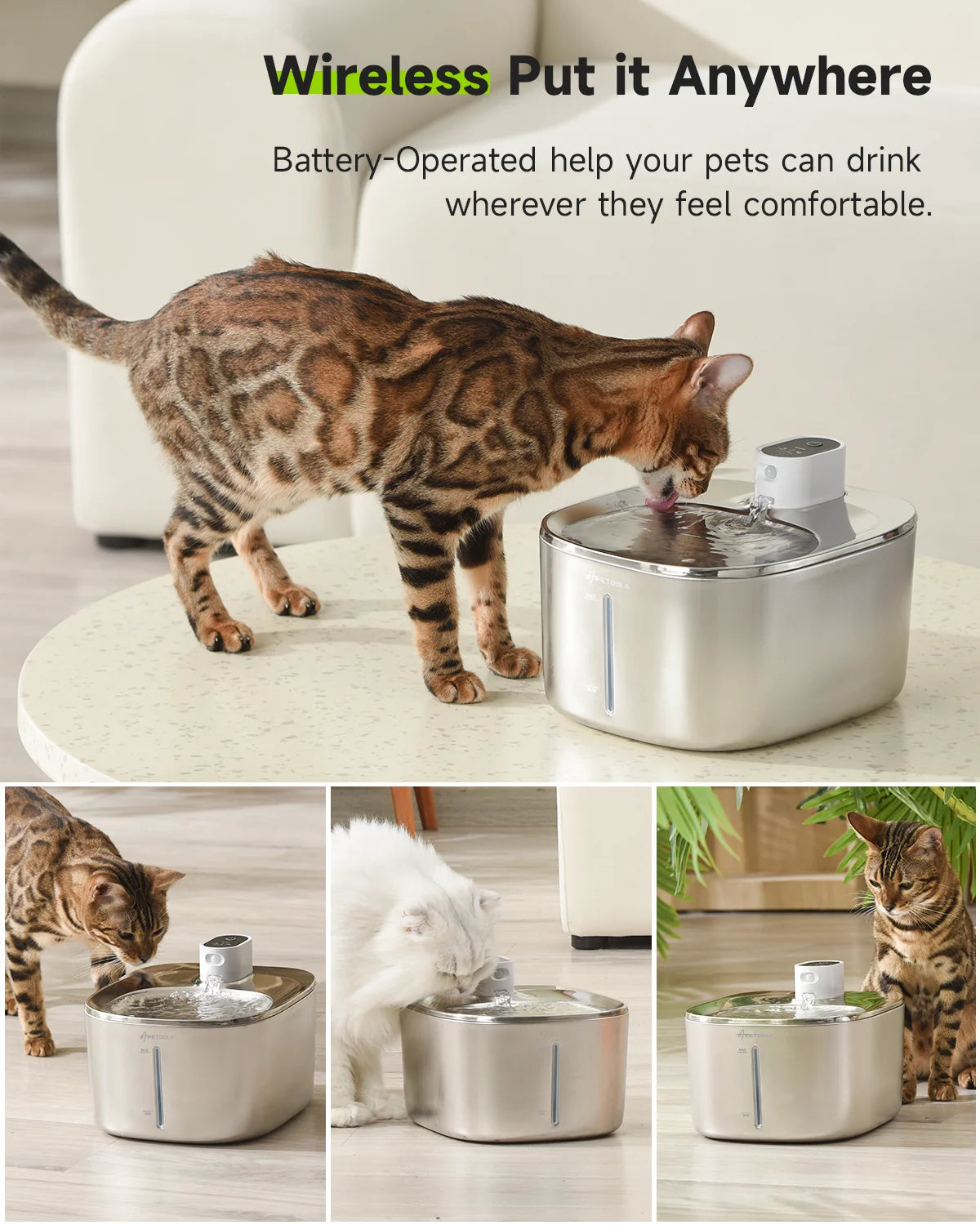 Cat drinking from a wireless pet water fountain with text highlighting its portability.