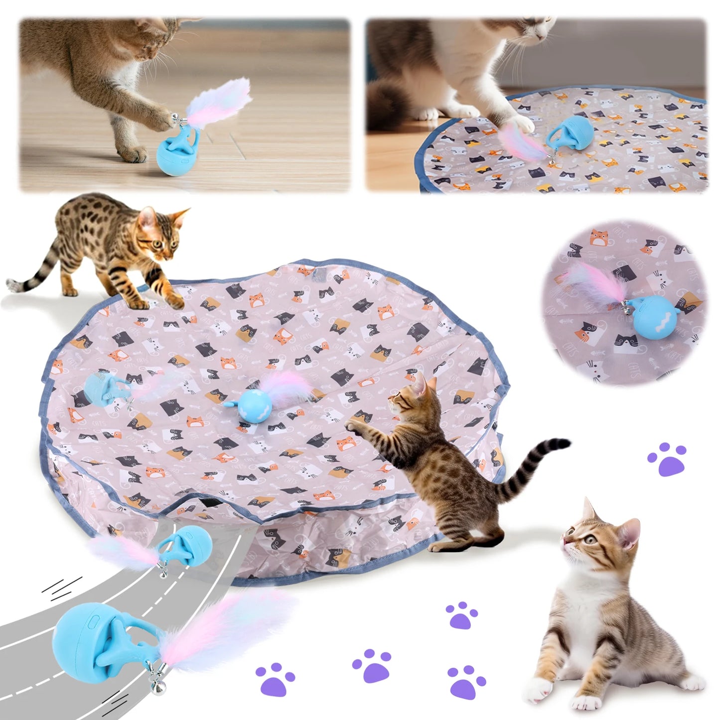Smart Interactive Cat Toys Ball Fast Rolling in Pouch Hide and Seek Kitten Toy Motion Activated Interactive Cat Toy for Indoor