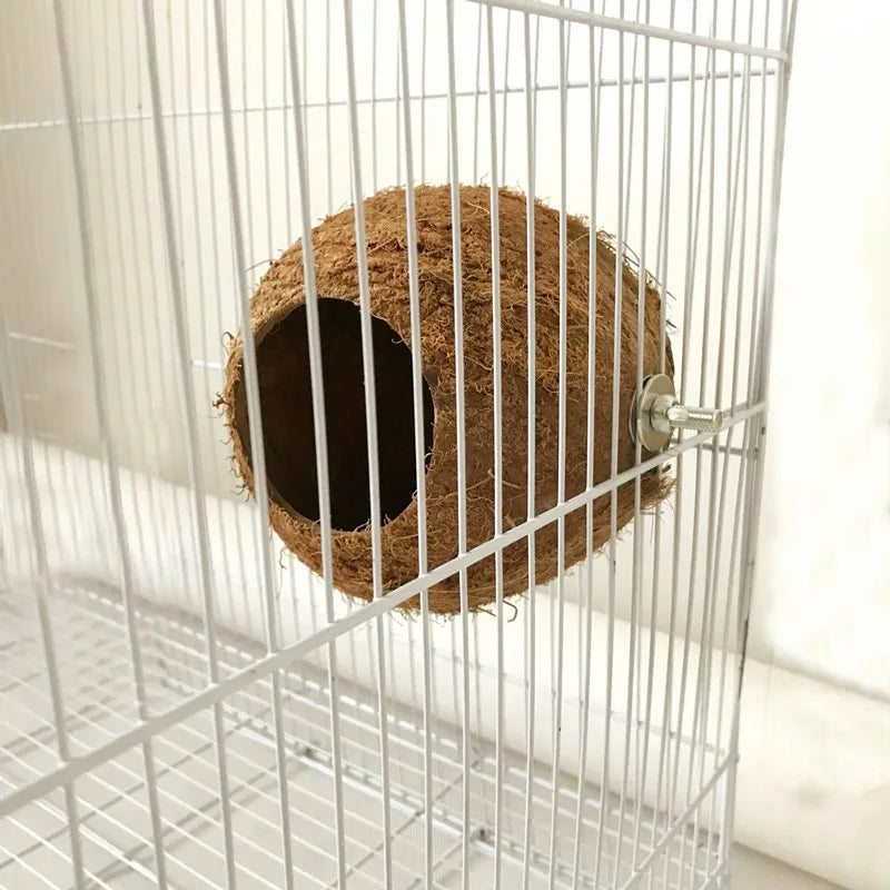 Natural Coco Hideaway Parrot Birds Reptile Coconut Shell Bird Nest Cage Hanging Toy for Budgies Parakeet Cockatiels Hamste House