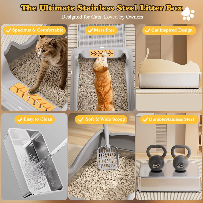 Stainless Steel Cat Litter Box With Lid, XL Metal For Big Cats, Never Absorbs Odors, Non-Sticky, Easy Clean, Anti-Urine Leakage