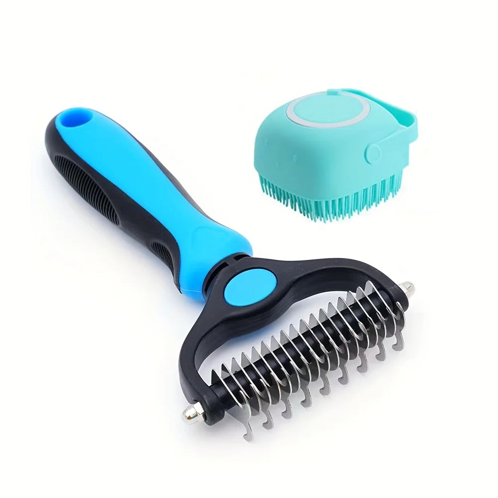【2-in-1 Pet Grooming Brush】Dual-Sided Deshedding Tool, Stainless Steel Comb & Silicone Massage Brush, Reduce Shedding Painless f