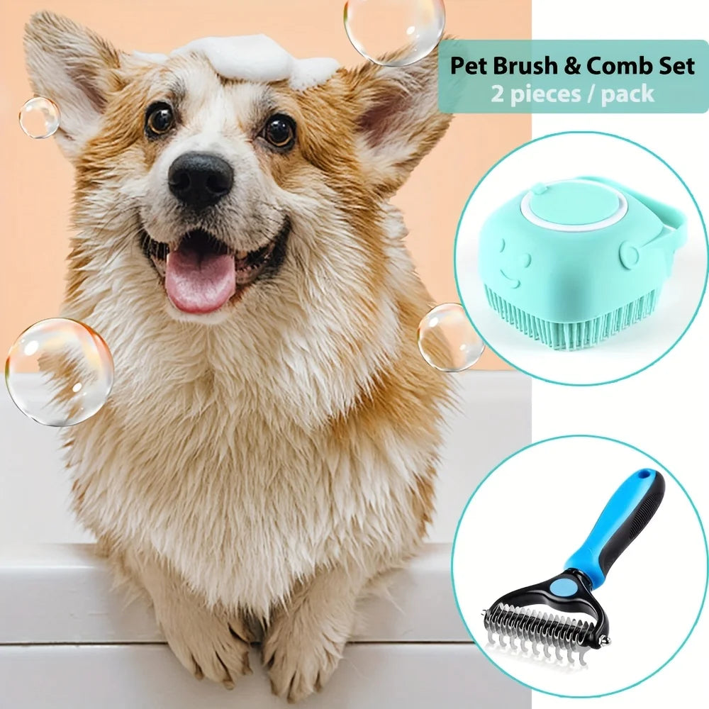 【2-in-1 Pet Grooming Brush】Dual-Sided Deshedding Tool, Stainless Steel Comb & Silicone Massage Brush, Reduce Shedding Painless f
