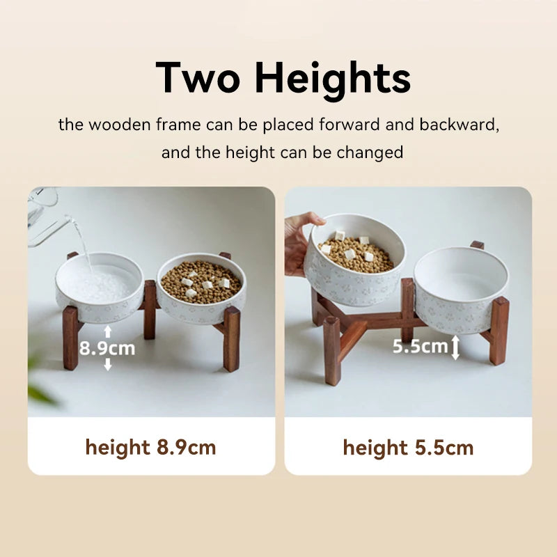 Ceramic Dog Bowl Set with Wooden Stand 1200ml 1800ml Anti Slip Pet Feeder for Medium Large Dogs Elevated Double Food Water Dish
