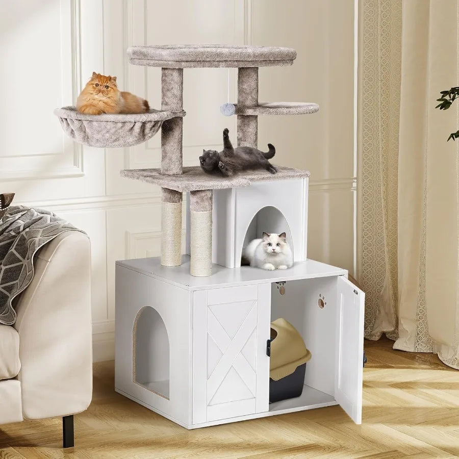 White Wooden Cat Litter Box Enclosure with Integrated Cat Tree Tower and Hidden Washroom Condo Furniture Featuring Sisal Scratc