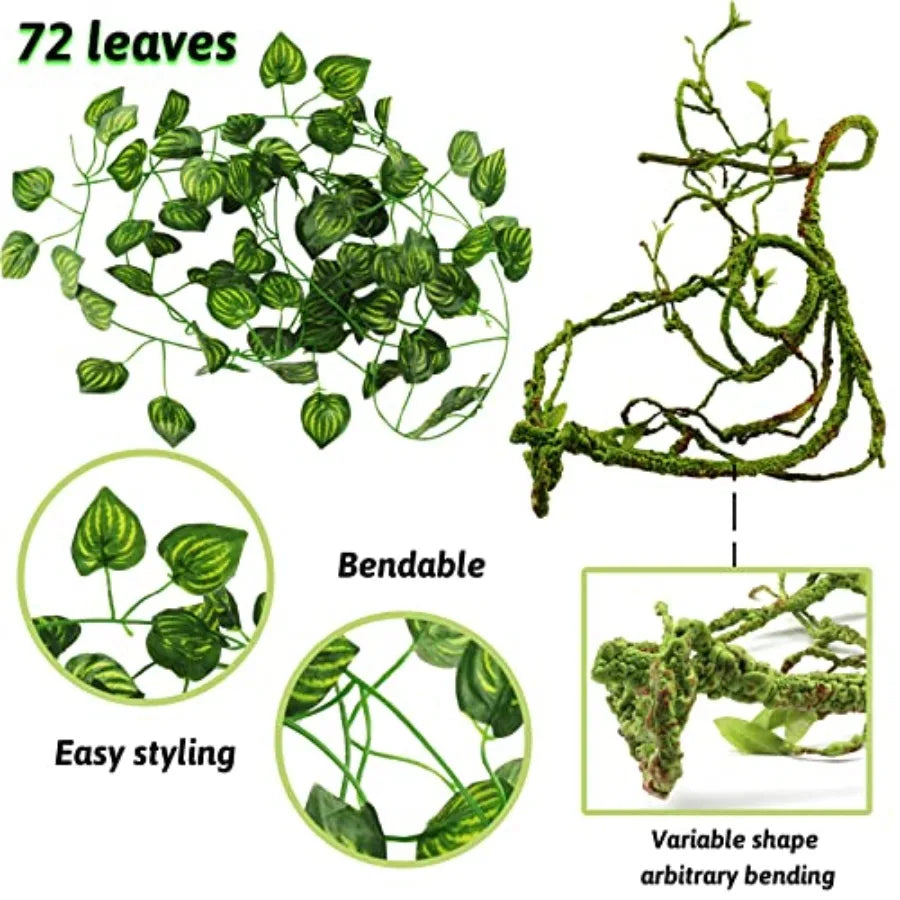 Reptile Plants Terrarium Hanging Plant Vines Artificial Leaves Reptile Hide for Leopard Gecko Tank Accessories NaturalLooking T