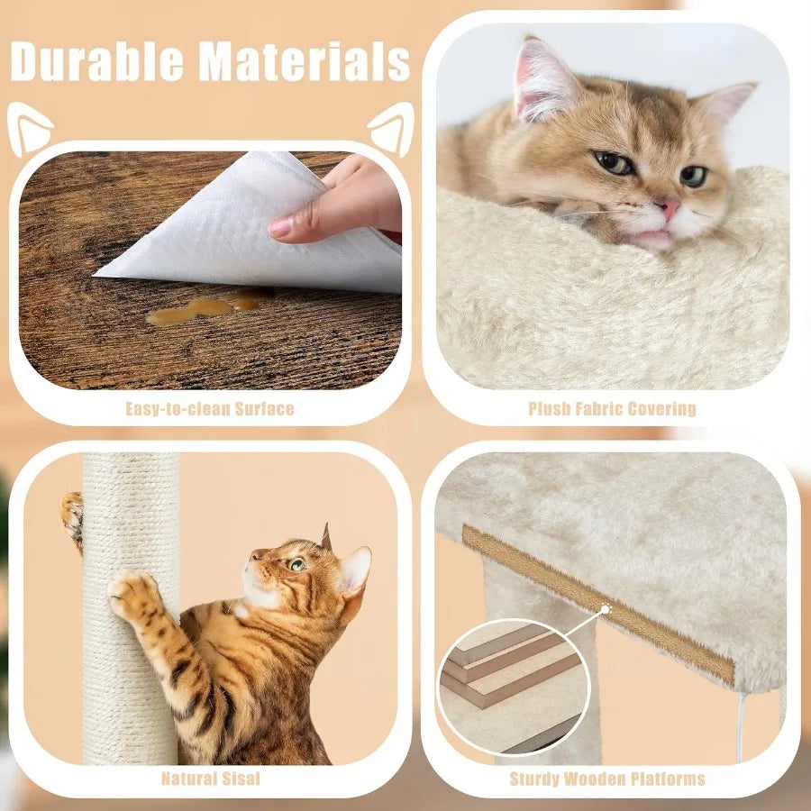 Allinone Indoor Litter Box Enclosure with Integrated Cat Tree Scratching Posts Wooden Cat Condo with Platform and Hidden Litter