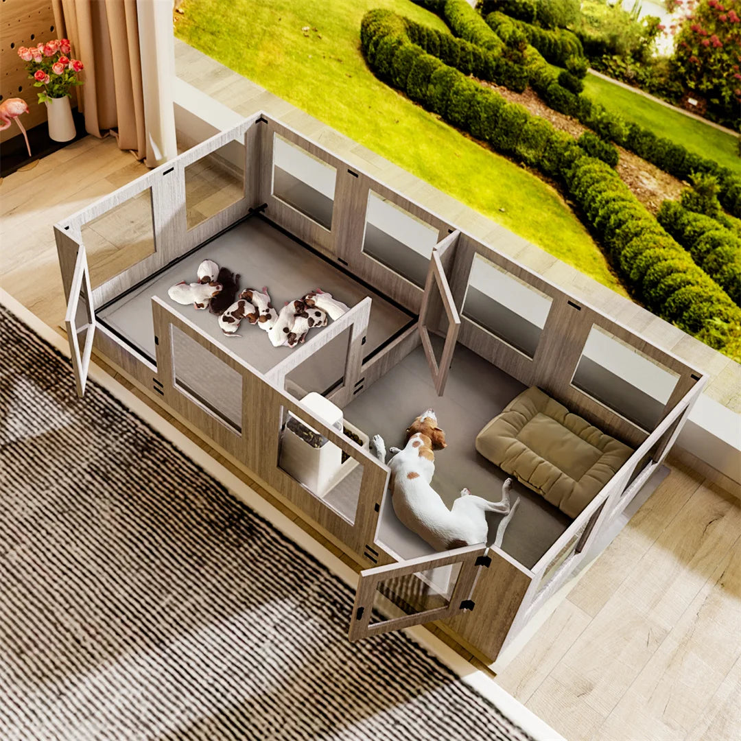 Tempered Glass Pet Whelping Box with Waterproof Fertility Pad Dog Playpen Exercise Cage for Puppies