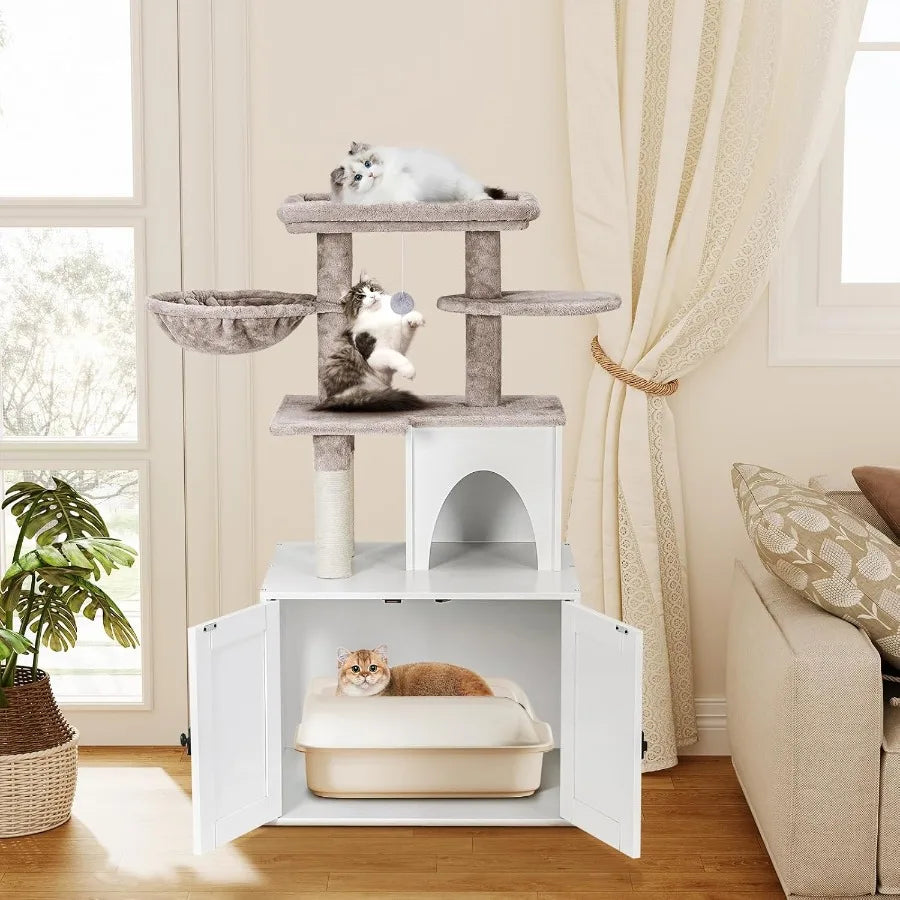 White Wooden Cat Litter Box Enclosure with Integrated Cat Tree Tower and Hidden Washroom Condo Furniture Featuring Sisal Scratc