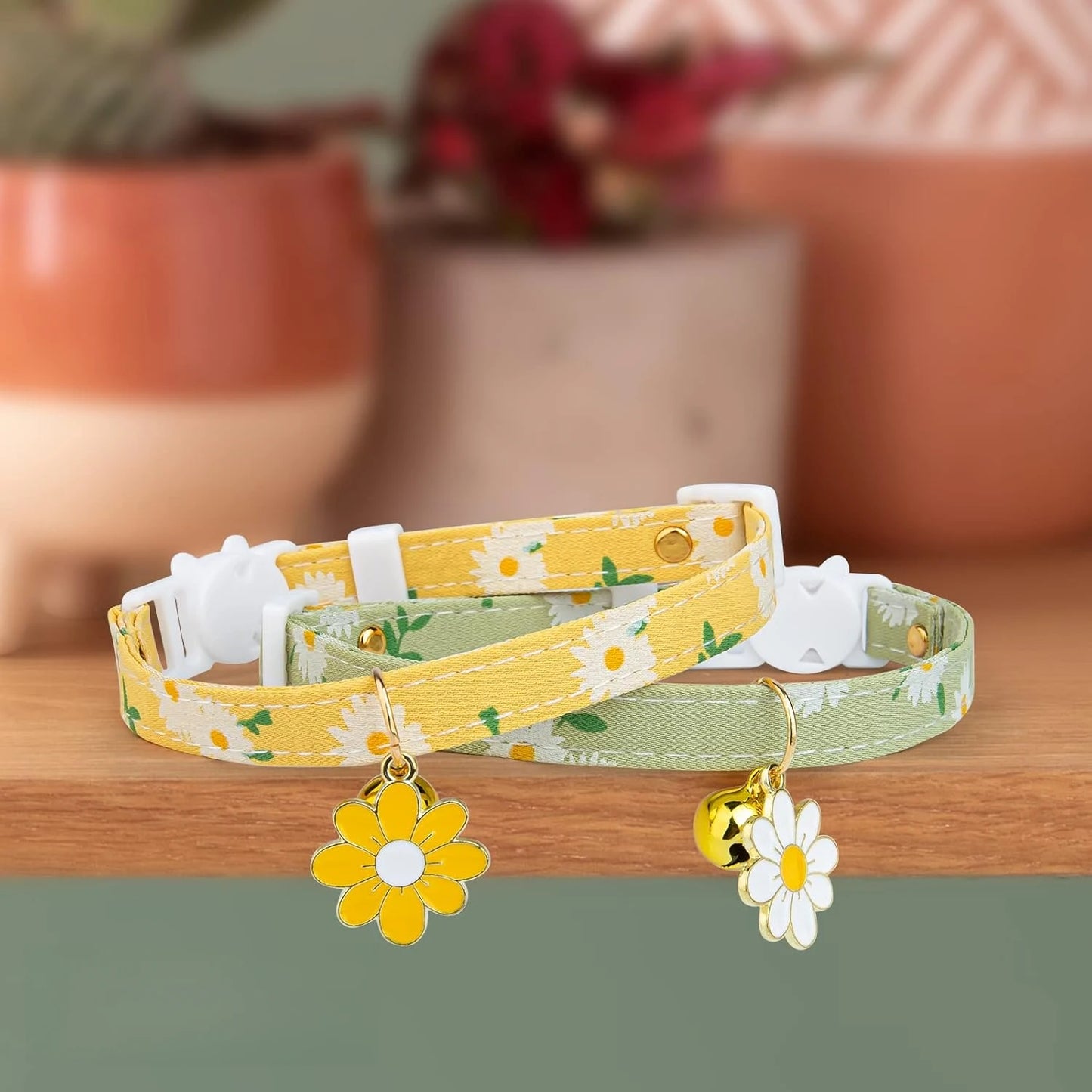 2-Pack Cotton Cat Collars: Breakaway, Bell & Yellow/Green Flower Pendants. Cute Kitten Collars for Girls & Boys.