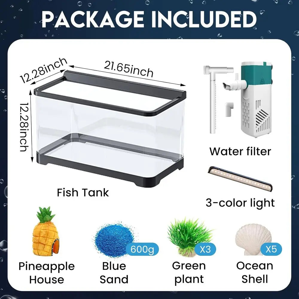 Aquarium package with fish tank, water filter, light, and decorative items on a blue background.