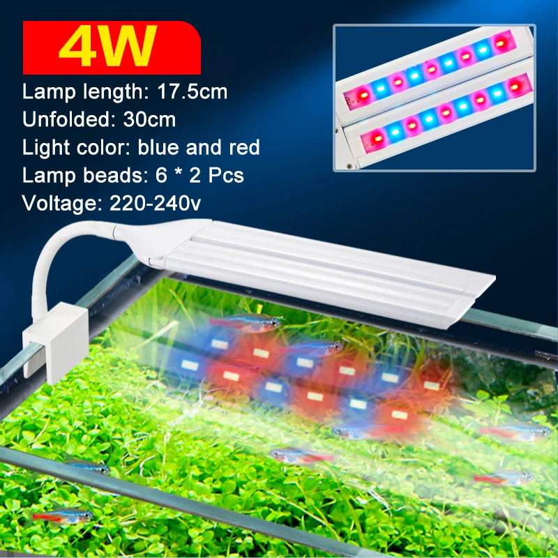 LED lamp for aquarium with specifications on a dark blue background