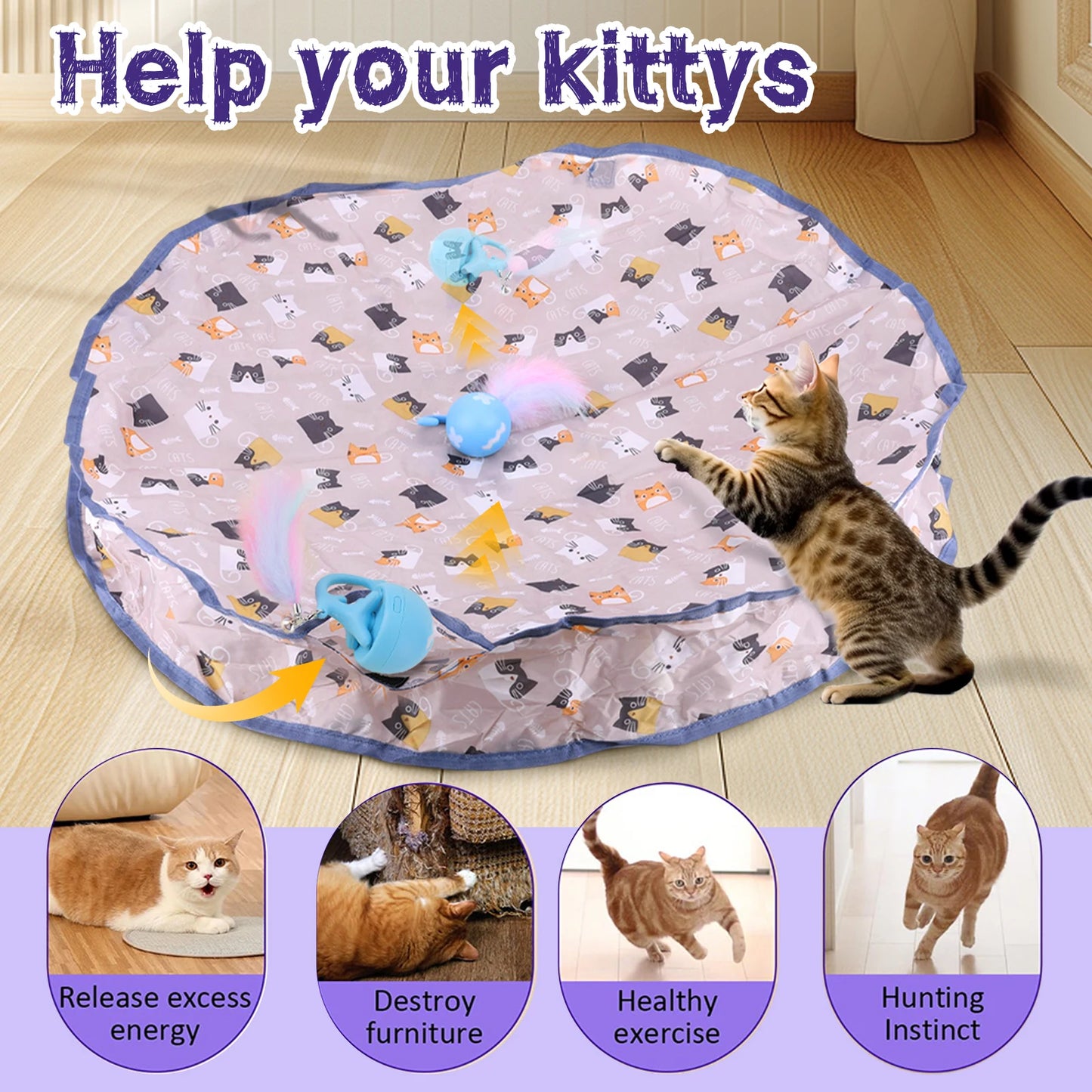 Smart Interactive Cat Toys Ball Fast Rolling in Pouch Hide and Seek Kitten Toy Motion Activated Interactive Cat Toy for Indoor