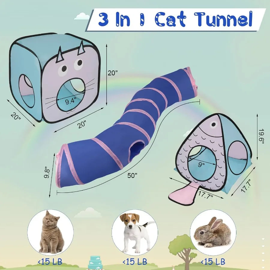 Interactive Crinkle Collapsible Cat Tube and Foldable Cubes Playground for Kitty Rabbit Puppy Ferret Hiding Hunting and Resting