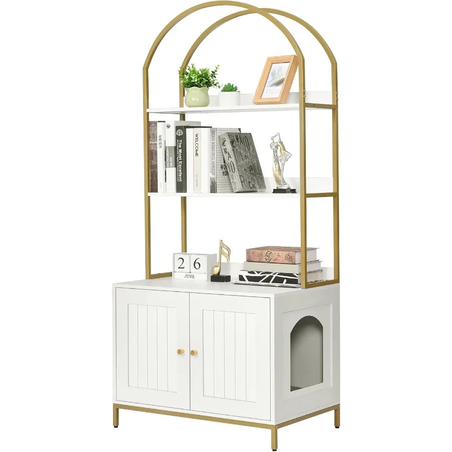 Modern Wooden Cat Litter Box Enclosure with Hidden Design and 2Tier Storage Shelves Metal Frame Support White and Gold Finish I