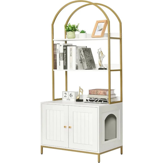 Modern Wooden Cat Litter Box Enclosure with Hidden Design and 2Tier Storage Shelves Metal Frame Support White and Gold Finish I