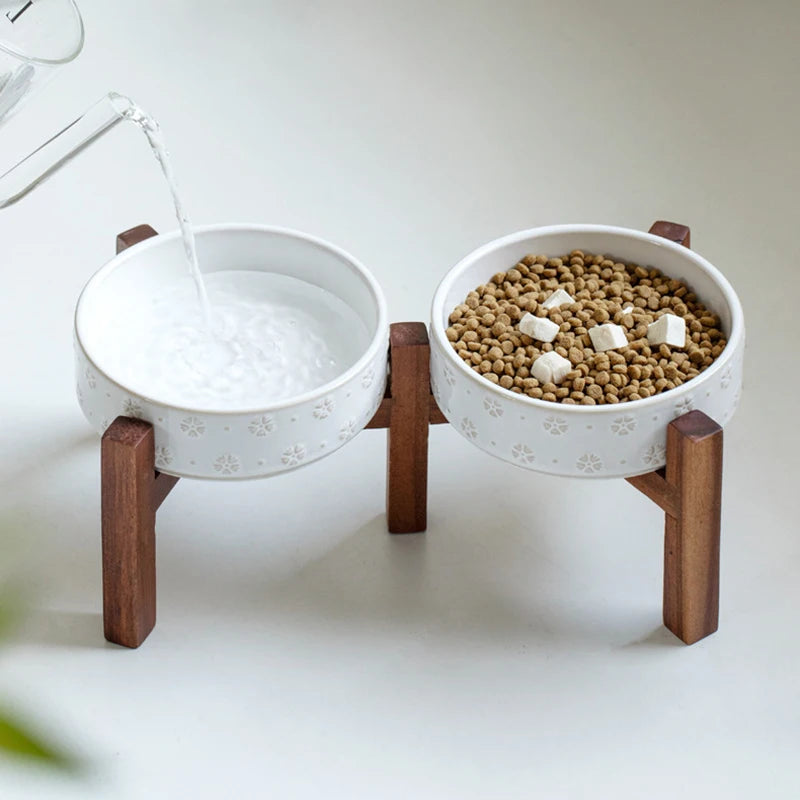 Ceramic Dog Bowl Set with Wooden Stand 1200ml 1800ml Anti Slip Pet Feeder for Medium Large Dogs Elevated Double Food Water Dish