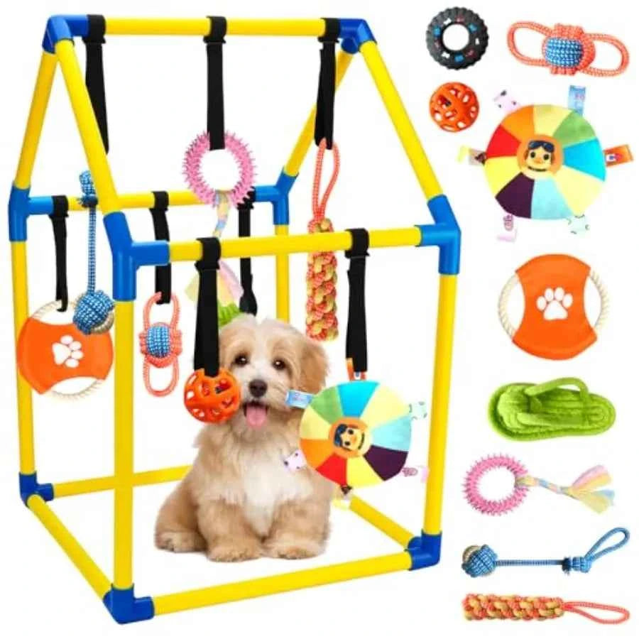 Puppy Play Gym with 9 Hanging Toys – Interactive Indoor Dog Enrichment Activity Center