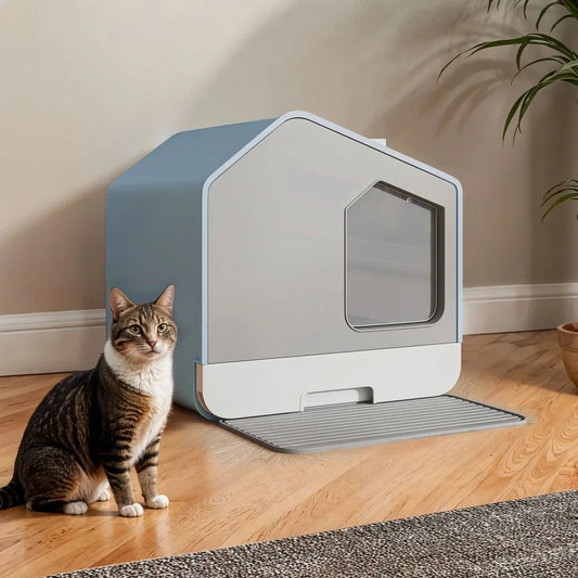 Uforic Enclosed Cat Litter Box - Odor-Free Hooded Design, Easy to Clean, with Mat, Scoop, and Durable Plastic Material - Blue