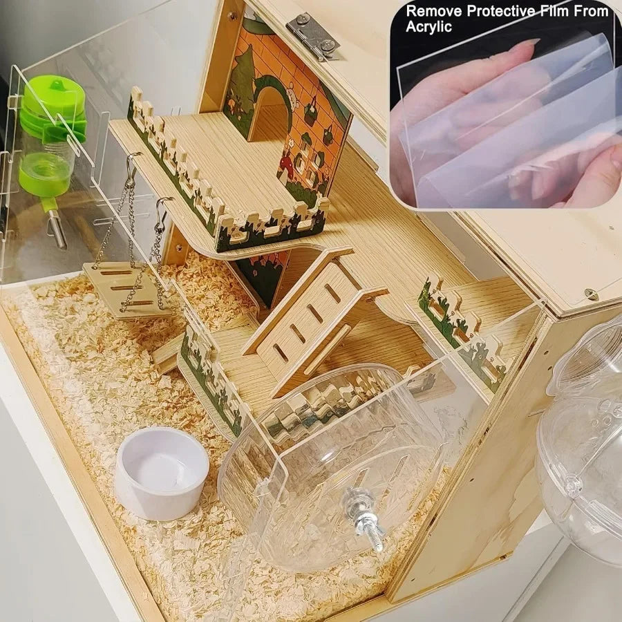 11 in 1 Wooden Hamster Cage with All Accessories 15.8 Inch 3Layer Dwarf Hamster Cage Acrylic Small Animal Cages Pastoral Style