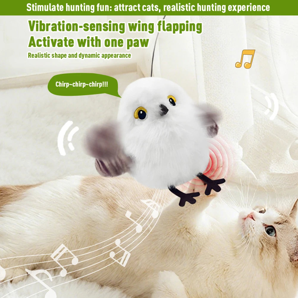 A Pet Interactive Flapping Chirping Bird Cat Toy shaped like a white bird with spread wings is shown above a lounging cat, with musical notes and motion lines illustrating its chirping sound, vibration-sensing, and flapping wing features.