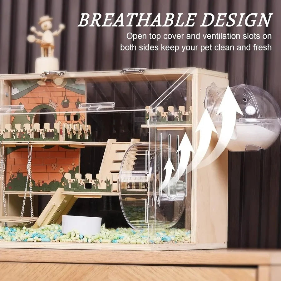 11 in 1 Wooden Hamster Cage with All Accessories 15.8 Inch 3Layer Dwarf Hamster Cage Acrylic Small Animal Cages Pastoral Style