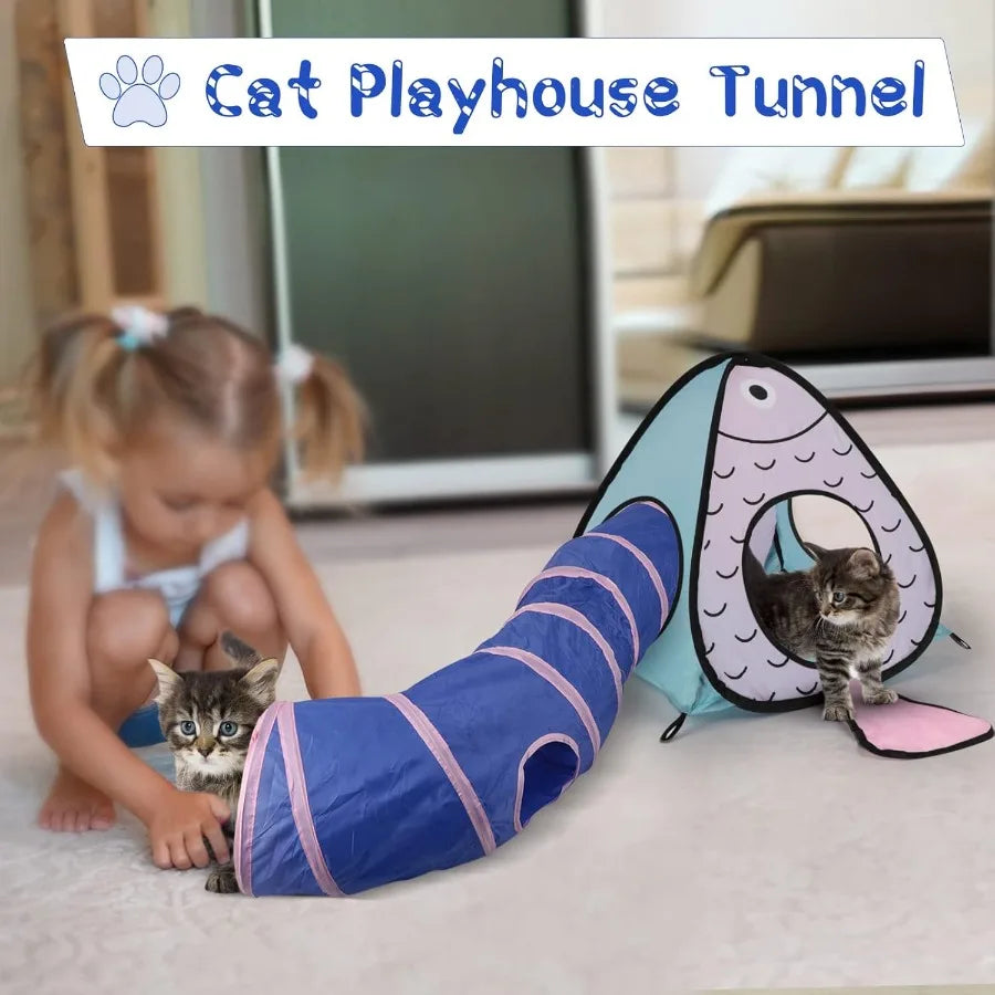 Interactive Crinkle Collapsible Cat Tube and Foldable Cubes Playground for Kitty Rabbit Puppy Ferret Hiding Hunting and Resting
