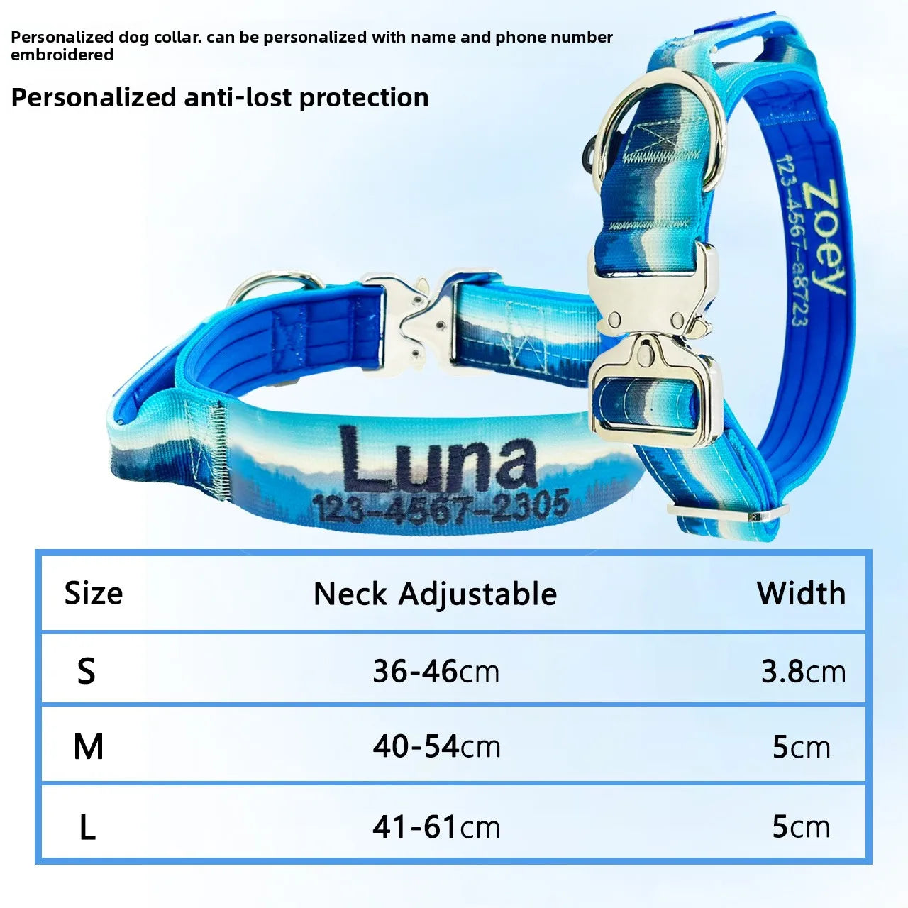 Blue and white patterned dog collar with engraved text on a light blue background