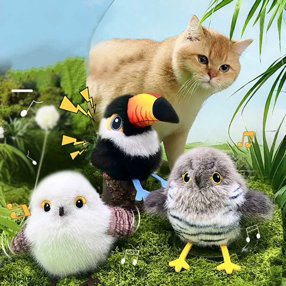 A tan cat stands on grass behind three Pet Interactive Flapping Chirping Bird Cat Toys with playful motion lines and cartoon notes, in a lively green outdoor scene with leaves and dandelions.