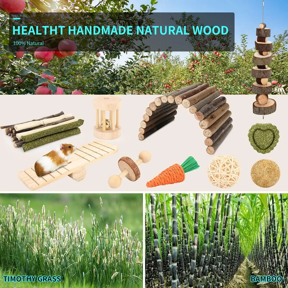 12-Piece Hamster Cage Chew Toy Set – Natural Molar Grinding & Hideout Seesaw for Rabbits, Guinea Pigs & Small Pets