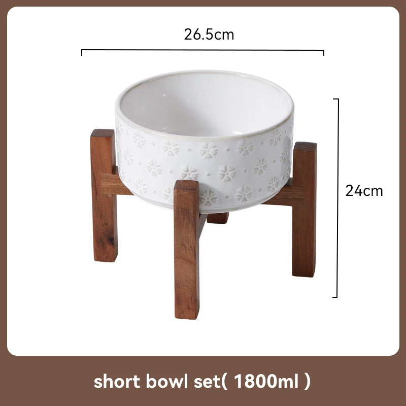 Ceramic Dog Bowl Set with Wooden Stand 1200ml 1800ml Anti Slip Pet Feeder for Medium Large Dogs Elevated Double Food Water Dish