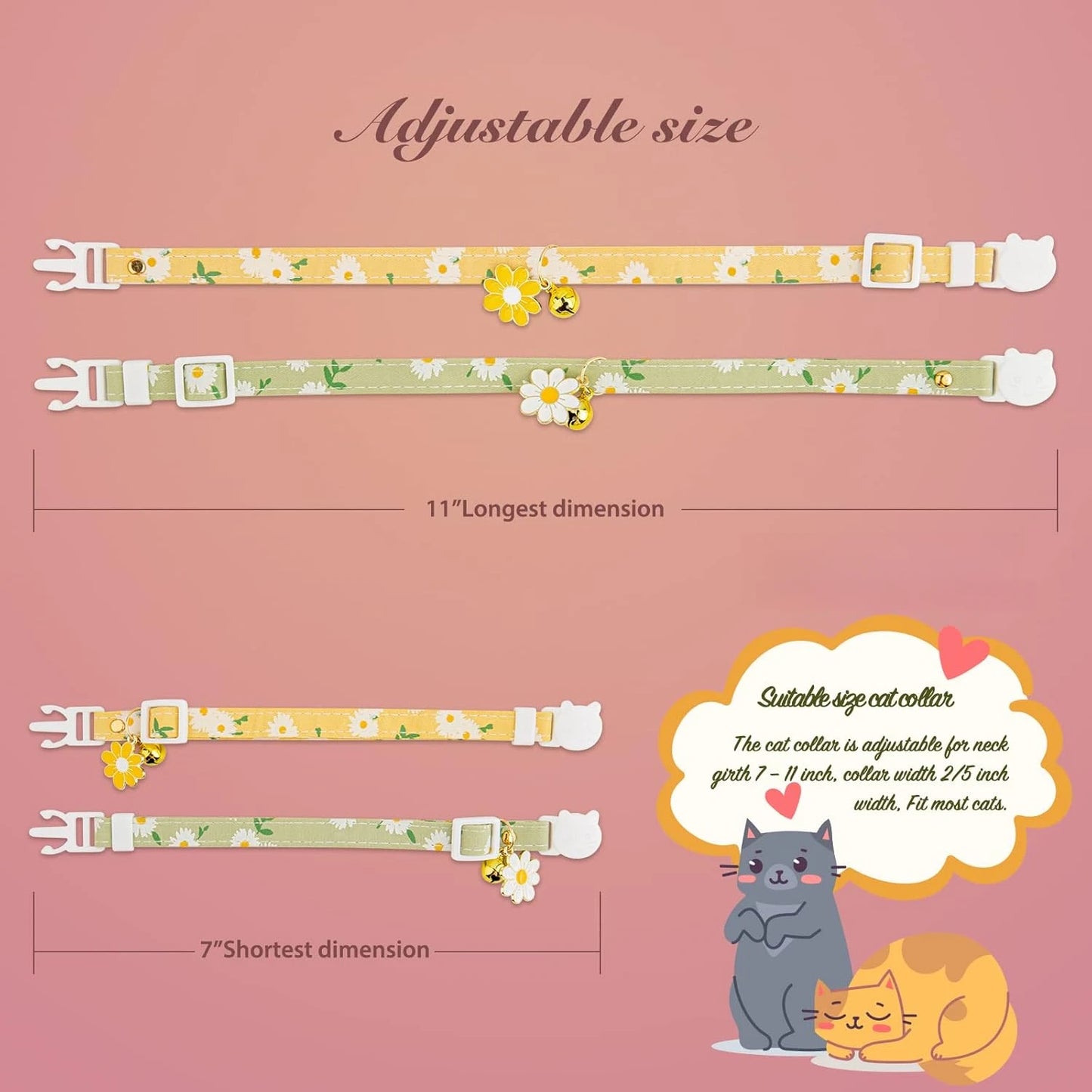 2-Pack Cotton Cat Collars: Breakaway, Bell & Yellow/Green Flower Pendants. Cute Kitten Collars for Girls & Boys.