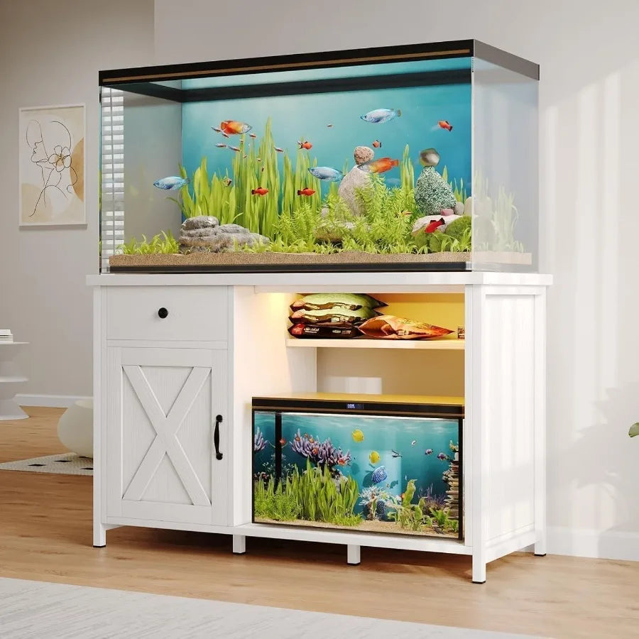 55 Gallon Fish Tank Stand with LED Light and Power Outlets for 5575 Gallon Aquarium Includes Drawer and Barn Door Design 50 L x