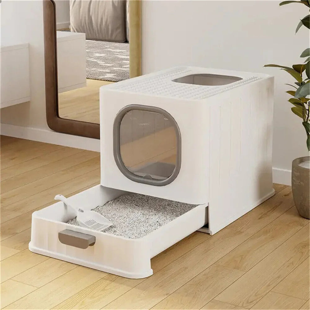 Covered Cat Litter Box - Large Hooded Litter Tray with Front & Top Entry, Lid & Scoop