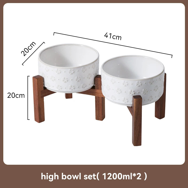 Ceramic Dog Bowl Set with Wooden Stand 1200ml 1800ml Anti Slip Pet Feeder for Medium Large Dogs Elevated Double Food Water Dish