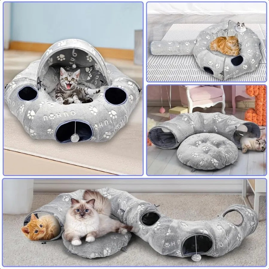 Cat Tunnel Bed Cat Tunnels for Indoor Cats Cat Donut Tunnel Toy with Washable Circle Cushion Straight Shaped Tunnel 4 Fluffy Ba