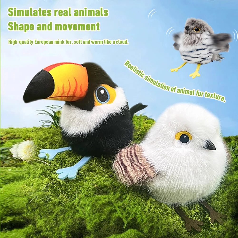 Three plush birds—toucan and two small white birds—rest on green moss under a blue sky. Made with mink fur, these Pet Interactive Flapping Chirping Bird Cat Toys are realistic exercise toys for kittens, featuring movement and sound.