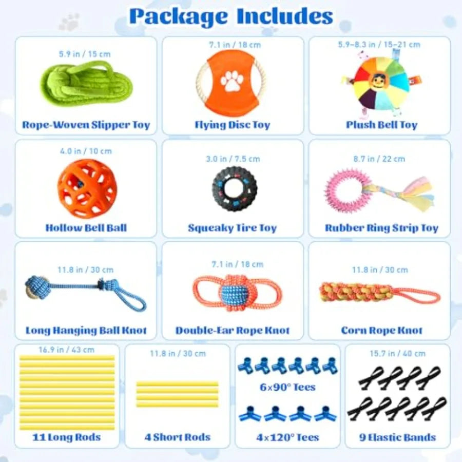 List of dog toys with measurements and types on a blue background