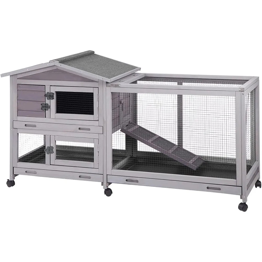 Rabbit Hutch Outdoor Indoor Rabbit Cage Chikcen Coop with Casters Guinea Pig Cage with 3 Deep No Leakage Pull Out Tray,Waterpro