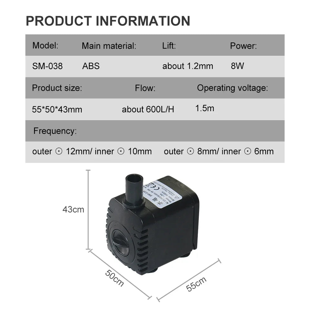 3W/4W/5W/6W Ultra-Quiet Submersible Aquarium Water Pump Water Fountain Pump Filter Fish Pond 220V-240V 50HZ EU Plug