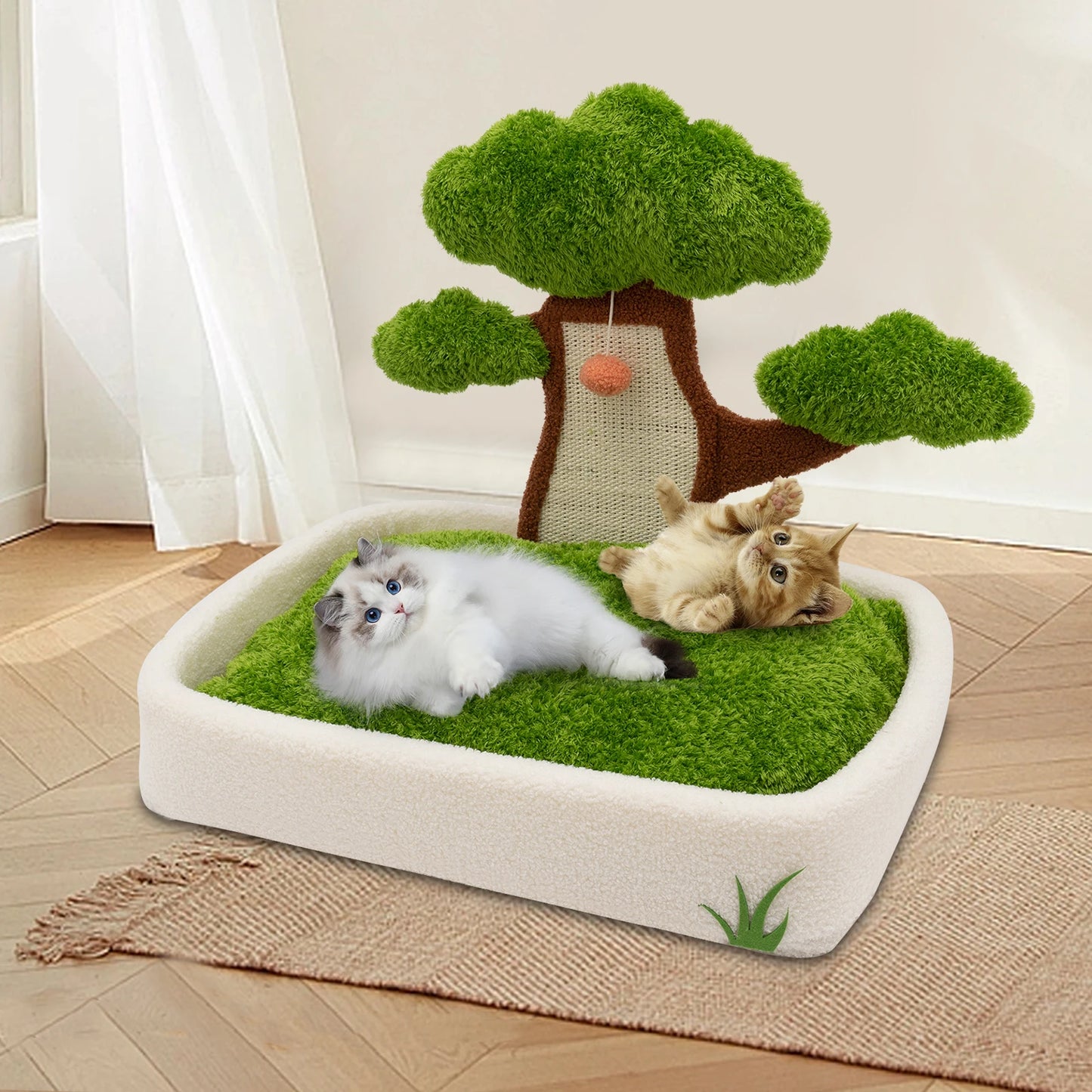 Indoor Cat Furniture (Green)—Combines Cat Bed & Scratching Post, Plush Cat Ball+Anti-Moist Legs, Easy Assemble, Ideal for Home