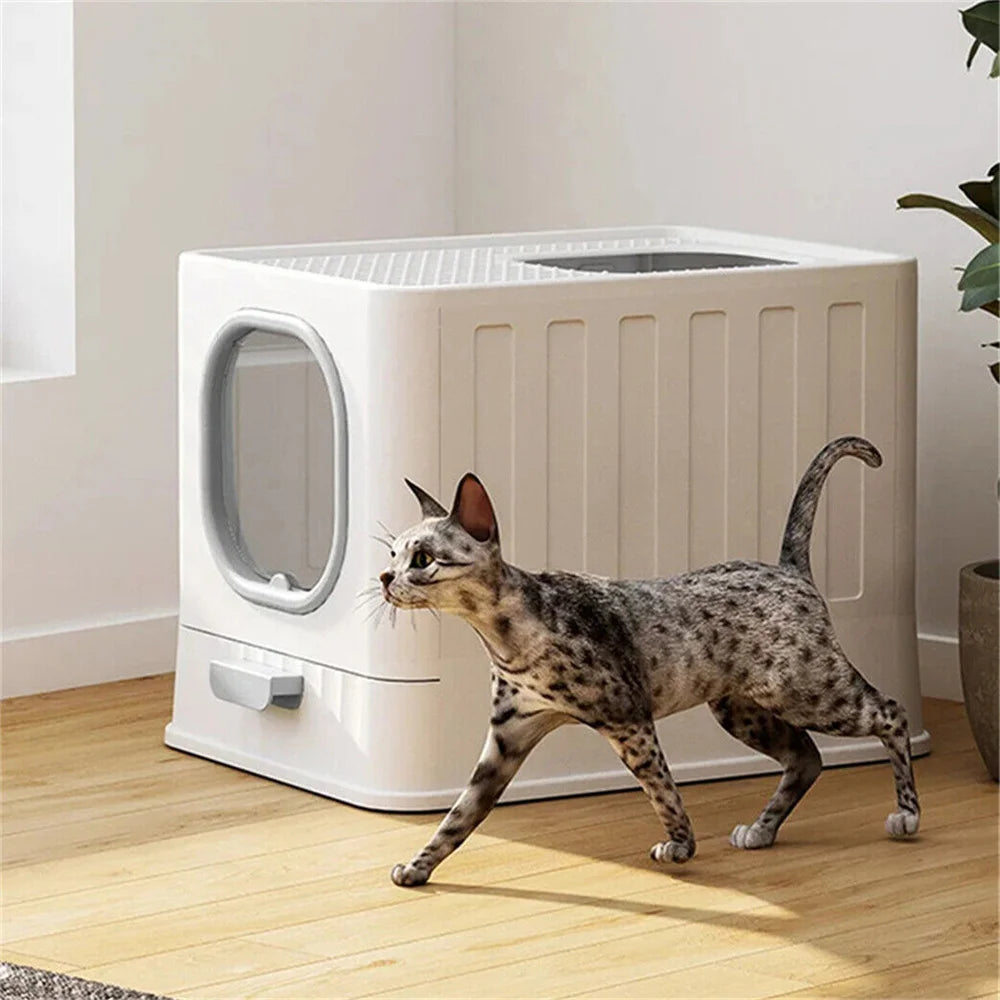 Covered Cat Litter Box - Large Hooded Litter Tray with Front & Top Entry, Lid & Scoop