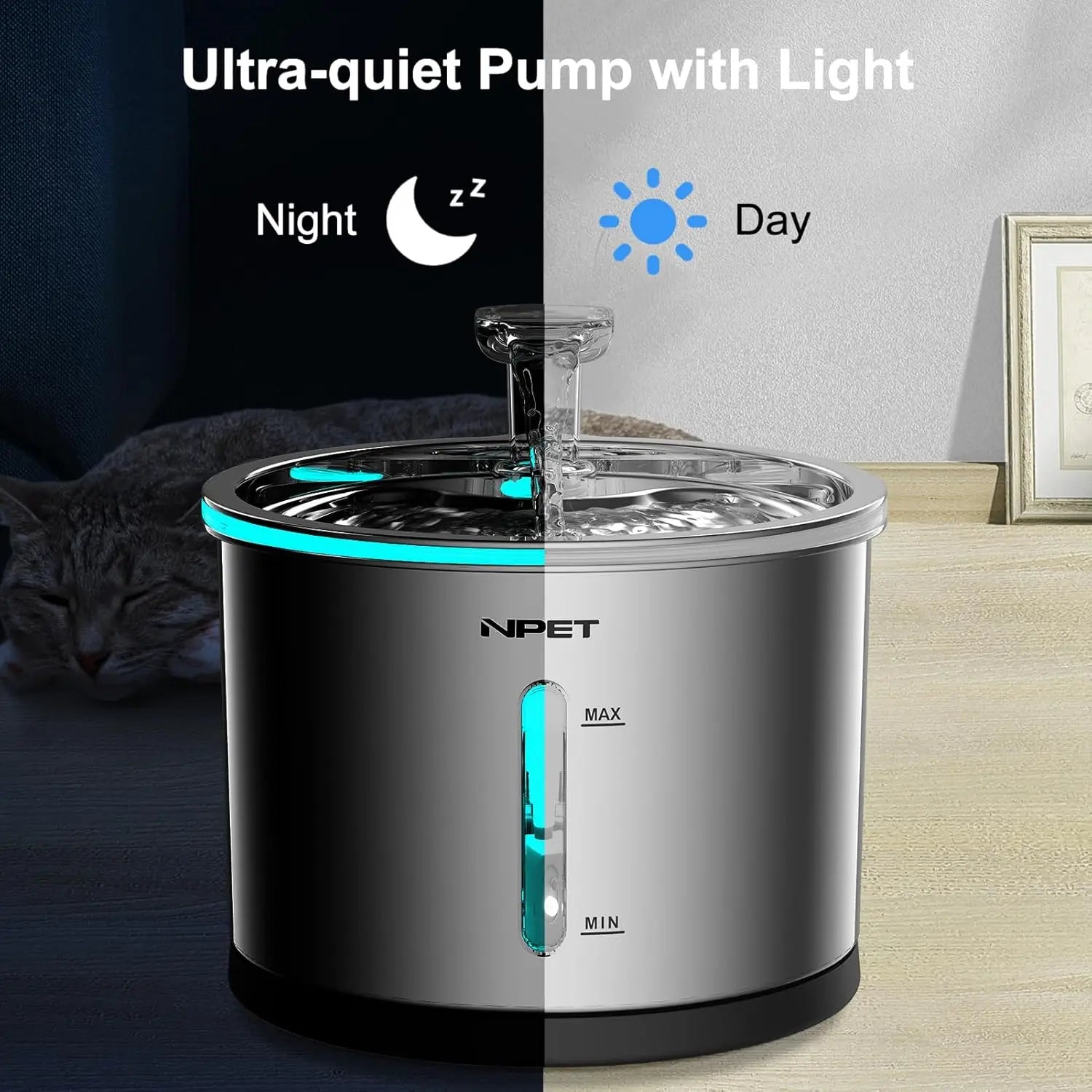 NPET Cat Water Fountain - 50oz/1.5L Stainless Steel Dishwasher Safe Fountain with LED Light