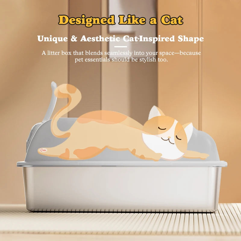 Stainless Steel Cat Litter Box With Lid, XL Metal For Big Cats, Never Absorbs Odors, Non-Sticky, Easy Clean, Anti-Urine Leakage