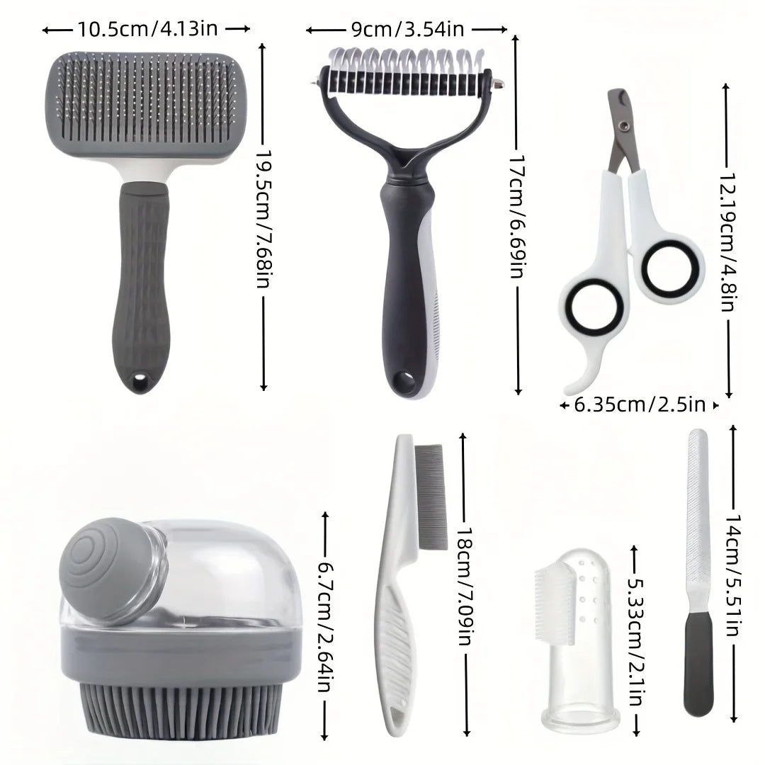 8pcs/set Dog Grooming Kit, Self-cleaning Pet Grooming Set with Nail Clippers And File, Flea Comb, Shampoo Bath Brush, Hair Remov