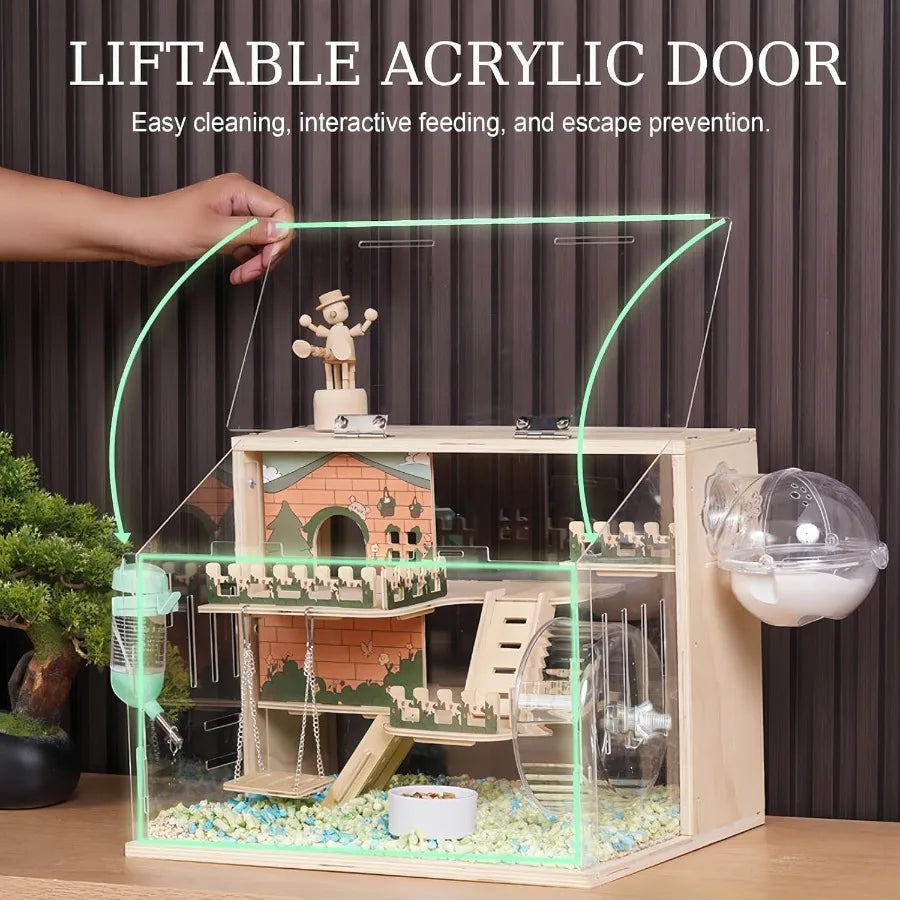 11 in 1 Wooden Hamster Cage with All Accessories 15.8 Inch 3Layer Dwarf Hamster Cage Acrylic Small Animal Cages Pastoral Style
