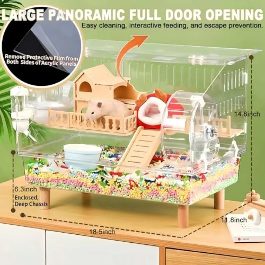 8 in 1 Acrylic Hamster Cage with All Accessories2Layer Hamster House with Full Transparent Viewing Top Open Mouse Cage for Pet