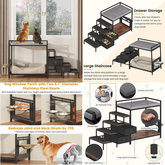 360° rotating & adjustable pet feeder perch, staircase bunk bed with storage drawers, elevated dog bed platform