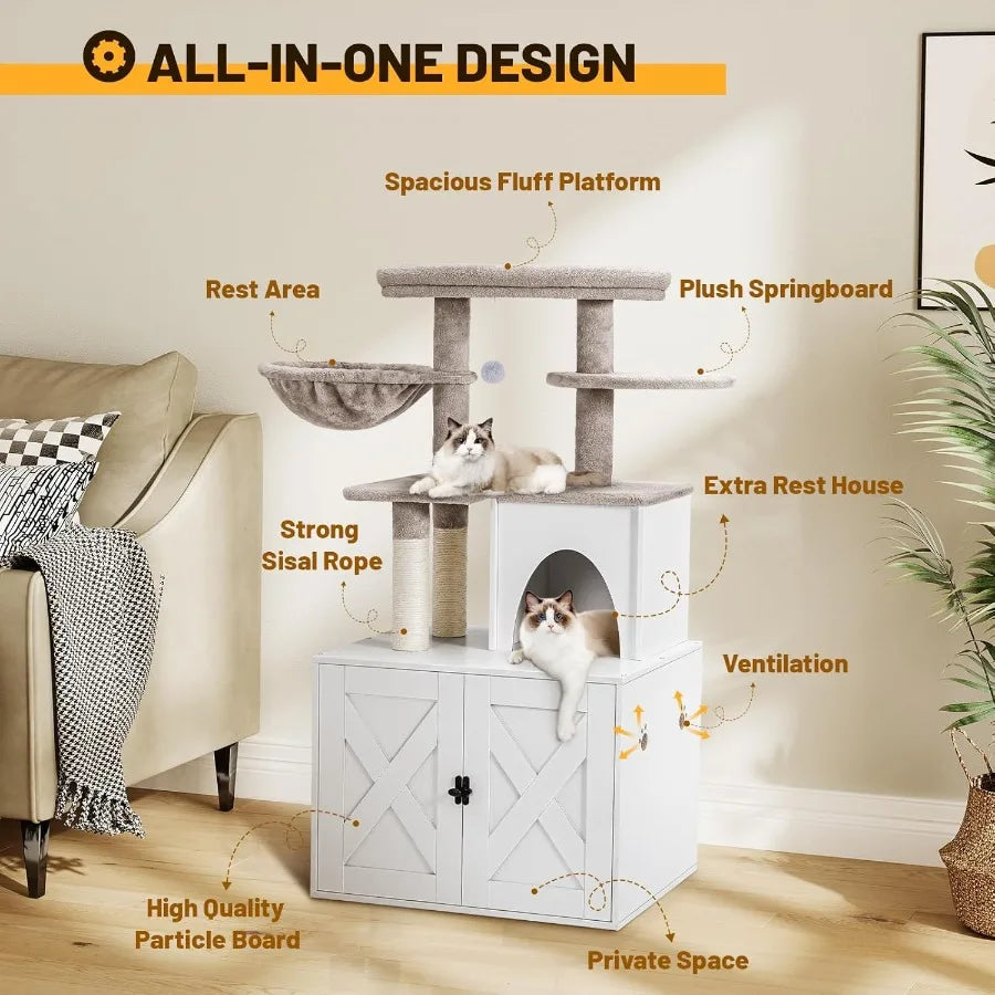 White Wooden Cat Litter Box Enclosure with Integrated Cat Tree Tower and Hidden Washroom Condo Furniture Featuring Sisal Scratc