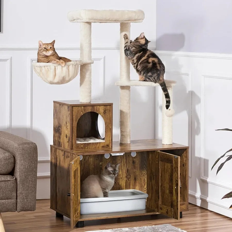 Allinone Indoor Litter Box Enclosure with Integrated Cat Tree Scratching Posts Wooden Cat Condo with Platform and Hidden Litter