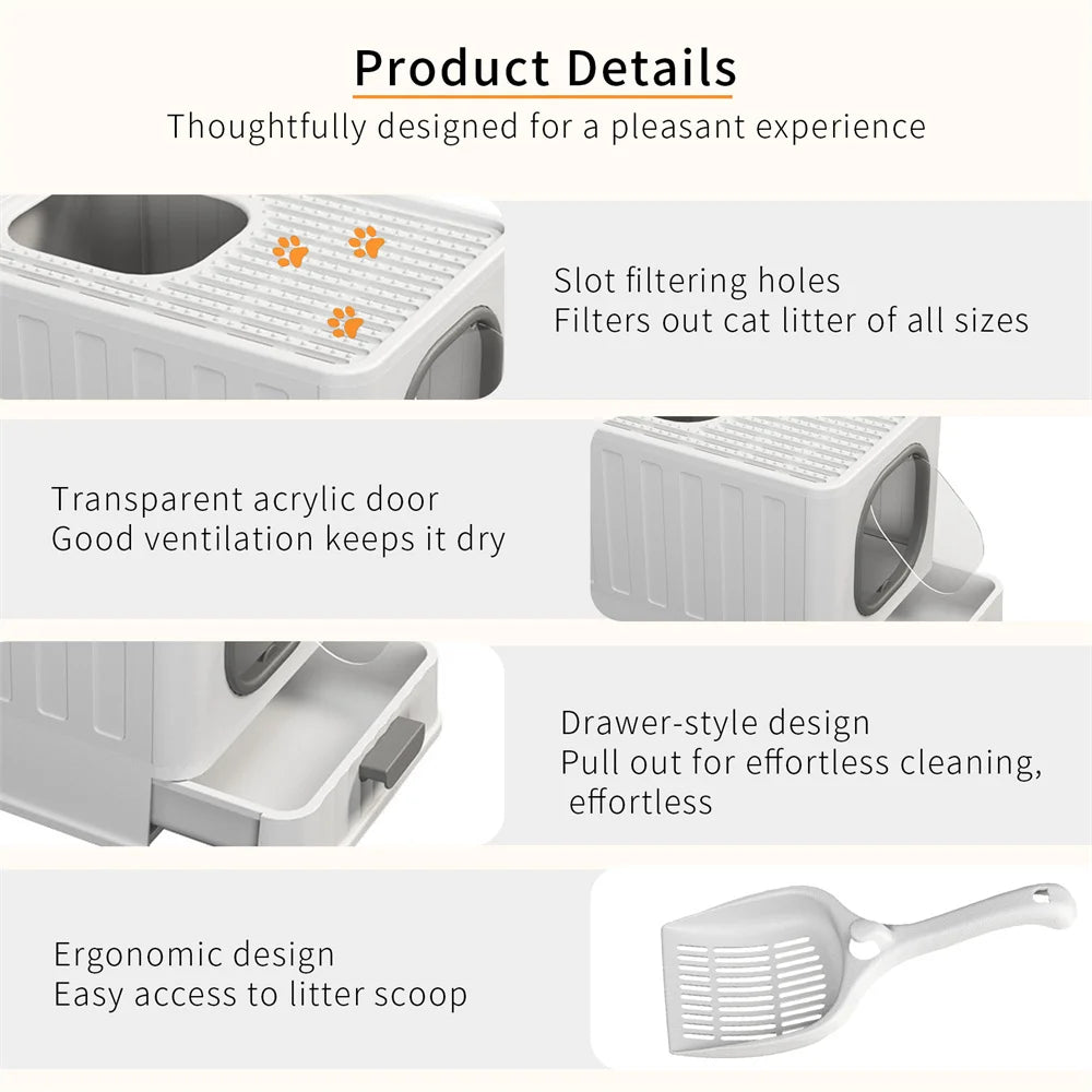 Covered Cat Litter Box - Large Hooded Litter Tray with Front & Top Entry, Lid & Scoop